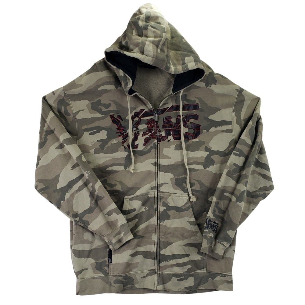 Vans Full Zip Hoodie Mens XL Green Camo Logo Fleece Skater Streetwear